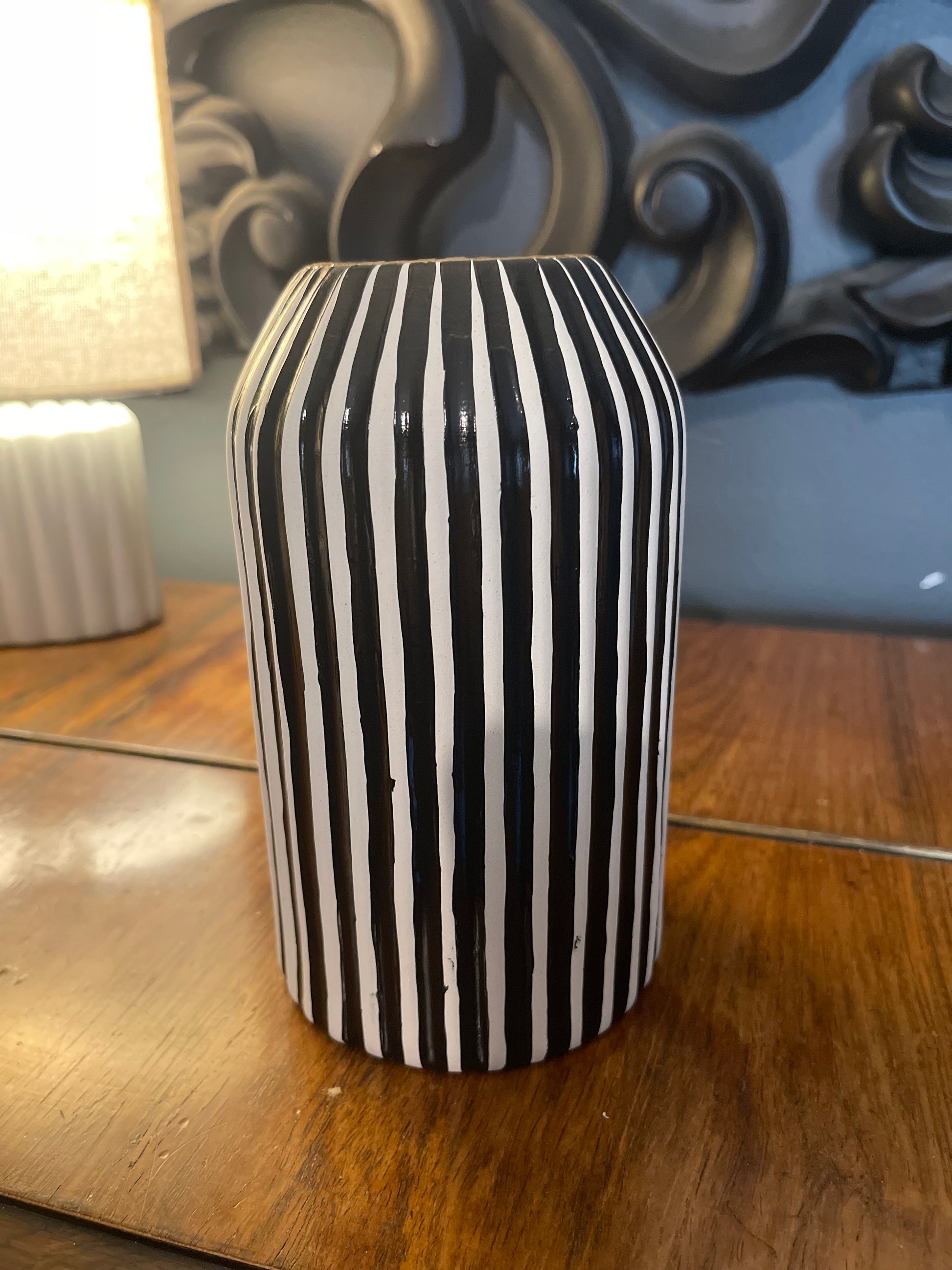 Black and white striped vase