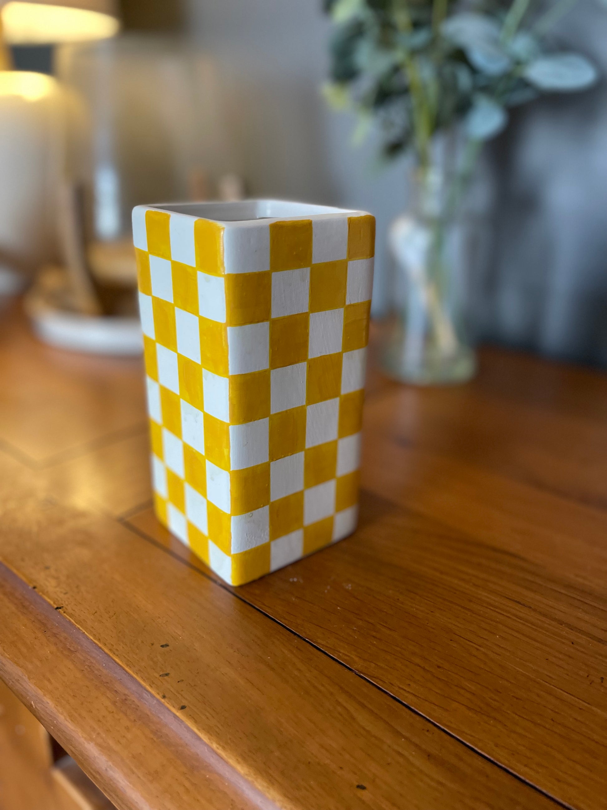 Yellow and white check vase